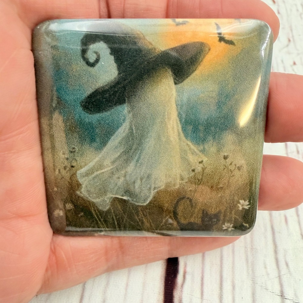 Ghost Witch Black Cat Square Magnet Halloween Whimsical Spooky Decor 2 Inch